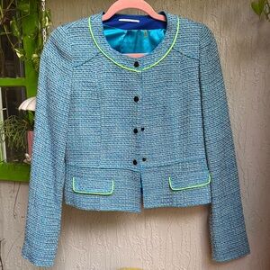 Tahari Light Blue Tweed Cropped Jacket with Neon Trim